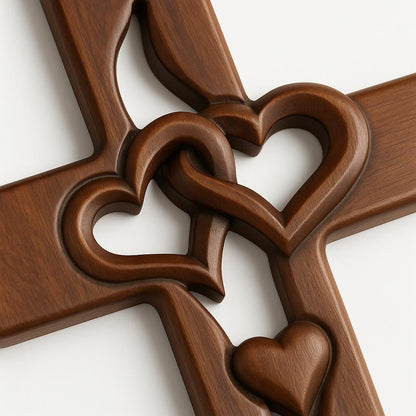 Wall Cross Wooden Carved Hearts Ready To Hang