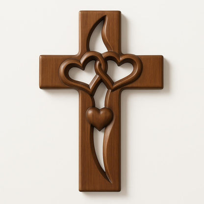 Wall Cross Wooden Carved Hearts Ready To Hang