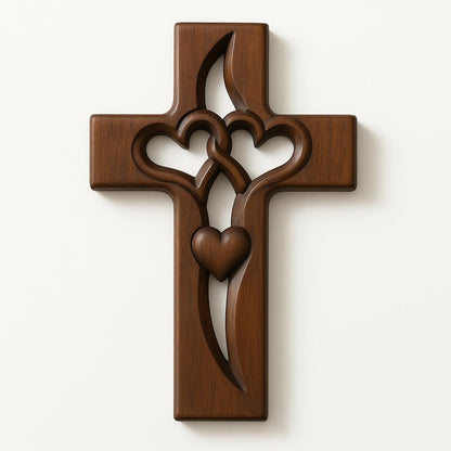 Wall Cross Wooden Carved Hearts Ready To Hang