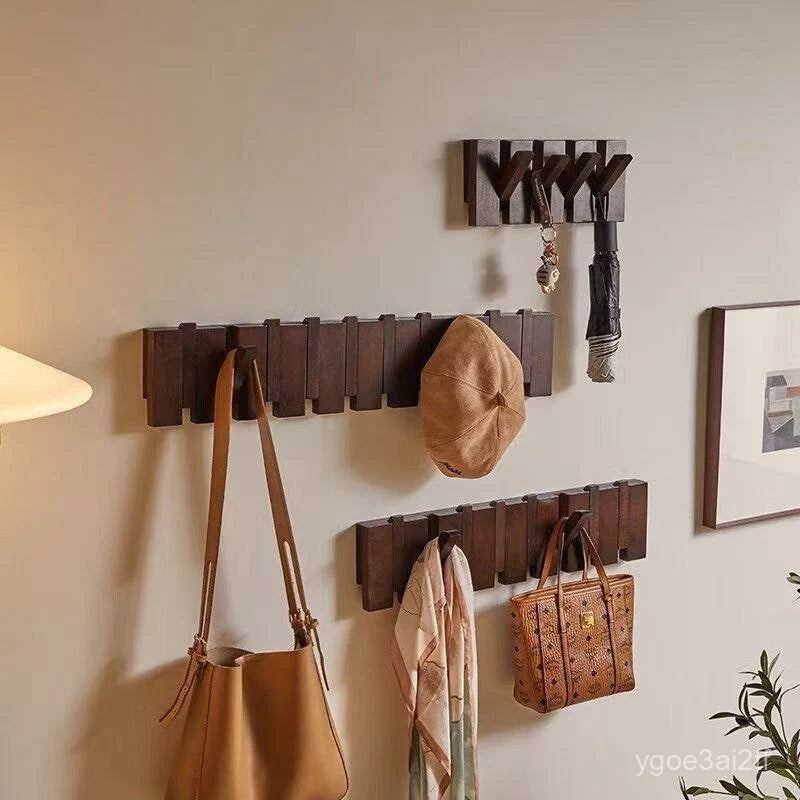 Wall Hook Rack Wood Retractable Hooks