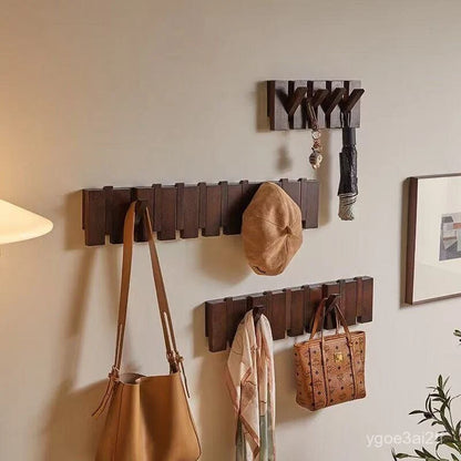 Wall Hook Rack Wood Retractable Hooks