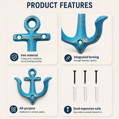Wall Hooks Cast Iron Nautical Anchor Design with Mounting Hardware