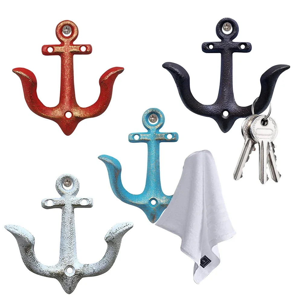 Wall Hooks Cast Iron Nautical Anchor Design with Mounting Hardware
