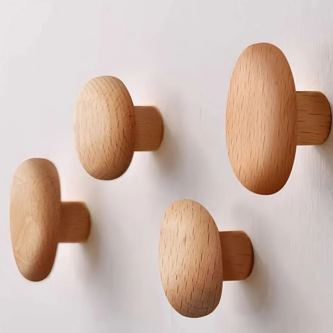 Wall Hooks Wooden Space-Saving Set of 4