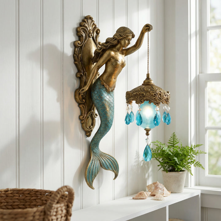 Wall Lamp Mermaid Figurine Glass Shade Crystal Pendants