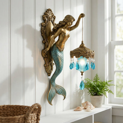 Wall Lamp Mermaid Figurine Glass Shade Crystal Pendants