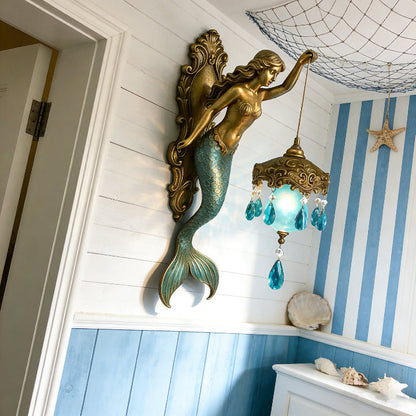 Wall Lamp Mermaid Figurine Glass Shade Crystal Pendants