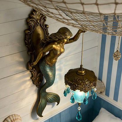 Wall Lamp Mermaid Figurine Glass Shade Crystal Pendants
