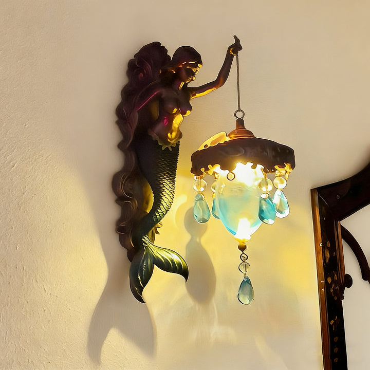 Wall Lamp Mermaid Figurine Glass Shade Crystal Pendants