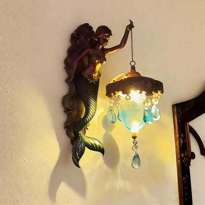 Wall Lamp Mermaid Figurine Glass Shade Crystal Pendants