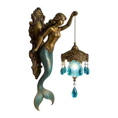 Wall Lamp Mermaid Figurine Glass Shade Crystal Pendants