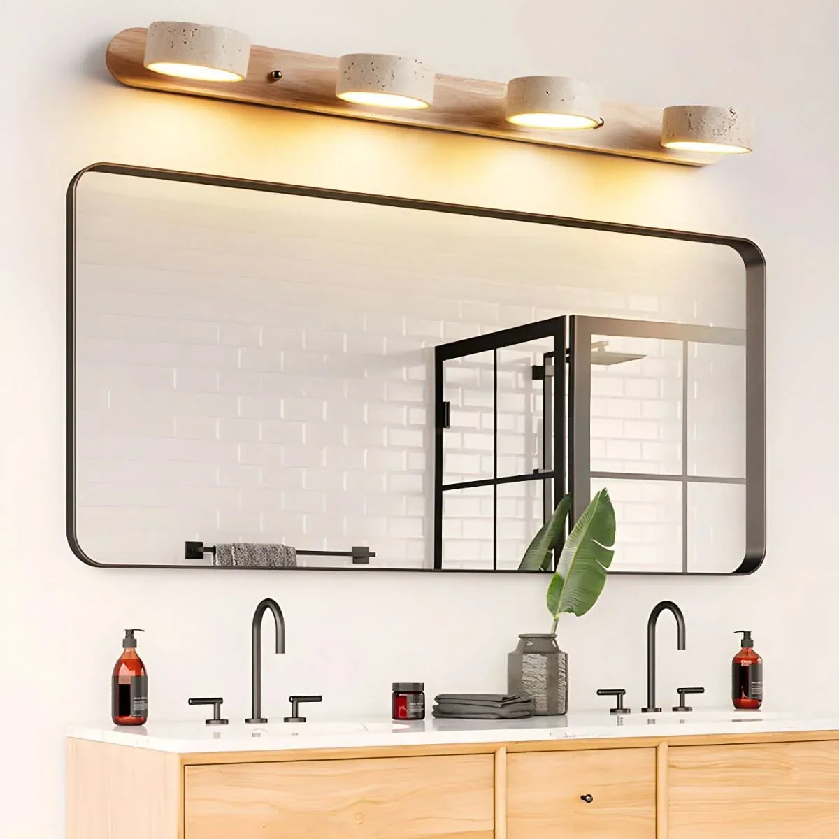Wall Light Natural Travertine Integrated LED Wood Accents