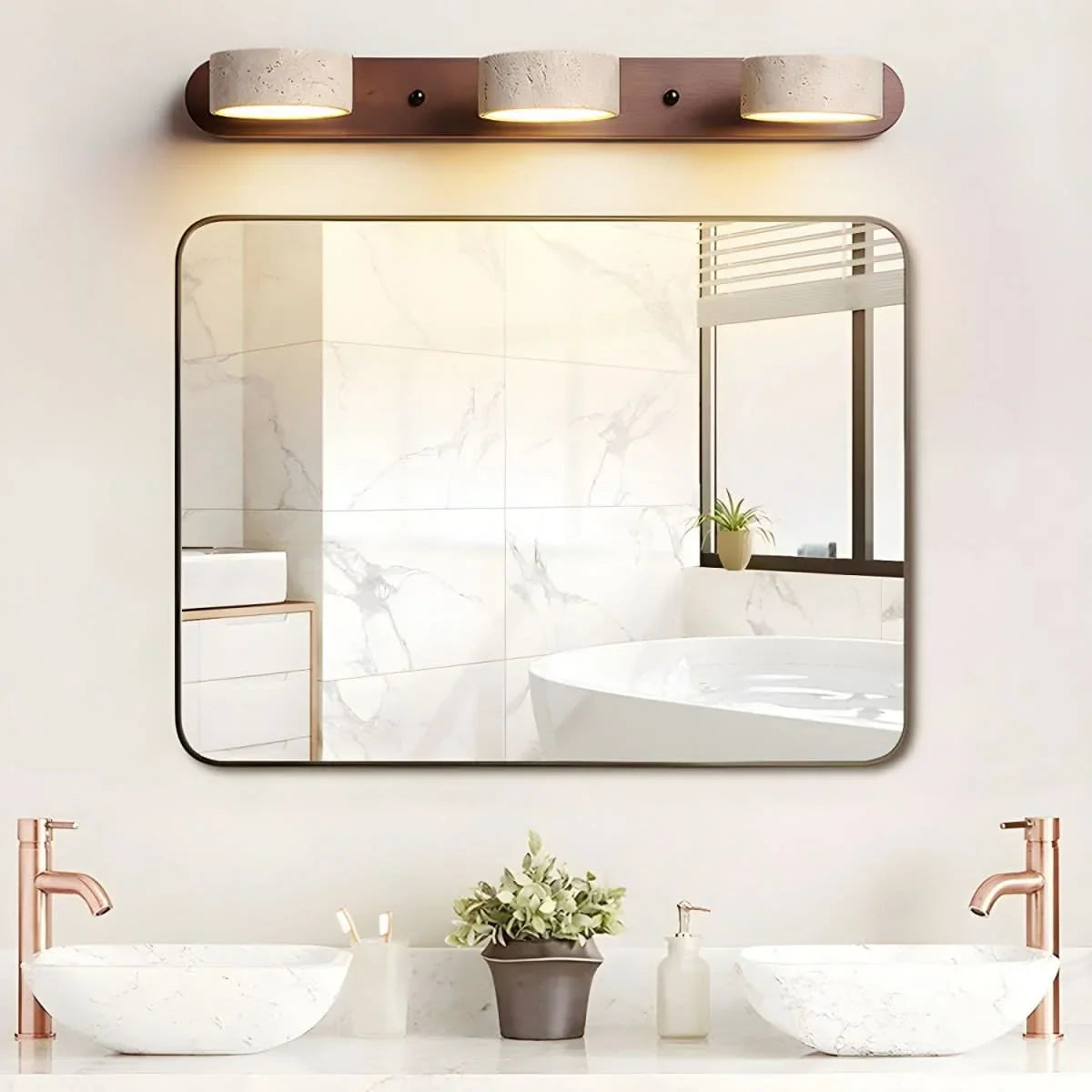Wall Light Natural Travertine Integrated LED Wood Accents