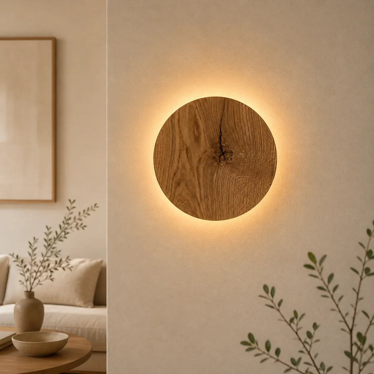 Wall Light Round Design Natural Wood Finish Soft Indirect Lighting