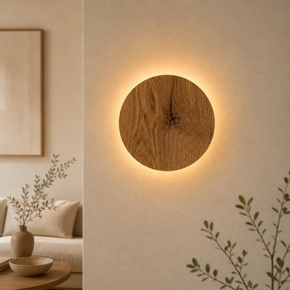 Wall Light Round Design Natural Wood Finish Soft Indirect Lighting