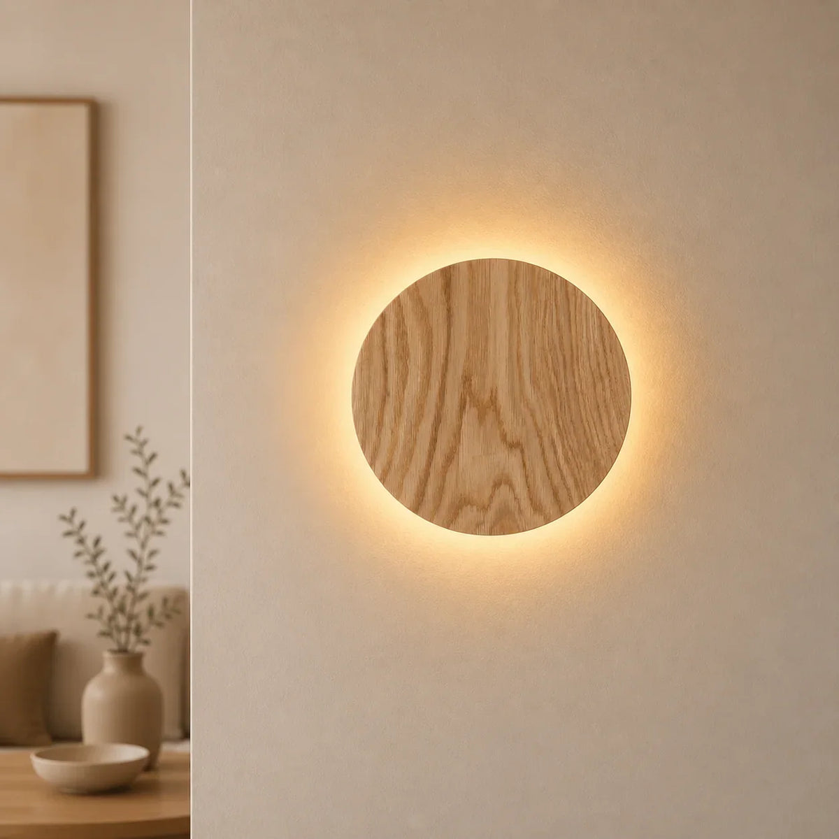 Wall Light Round Design Natural Wood Finish Soft Indirect Lighting