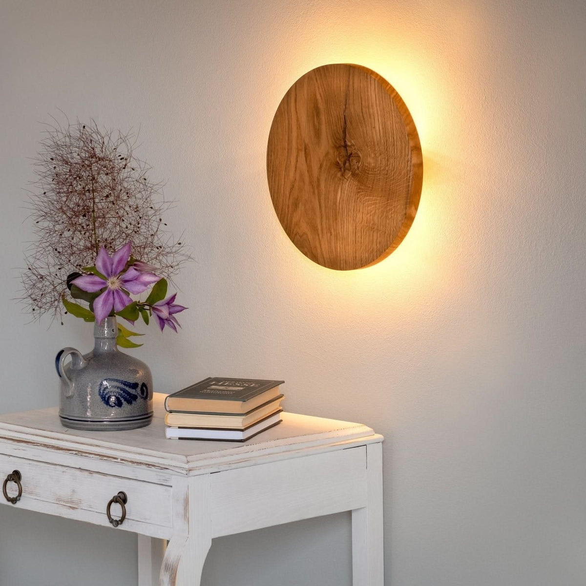 Wall Light Round Design Natural Wood Finish Soft Indirect Lighting
