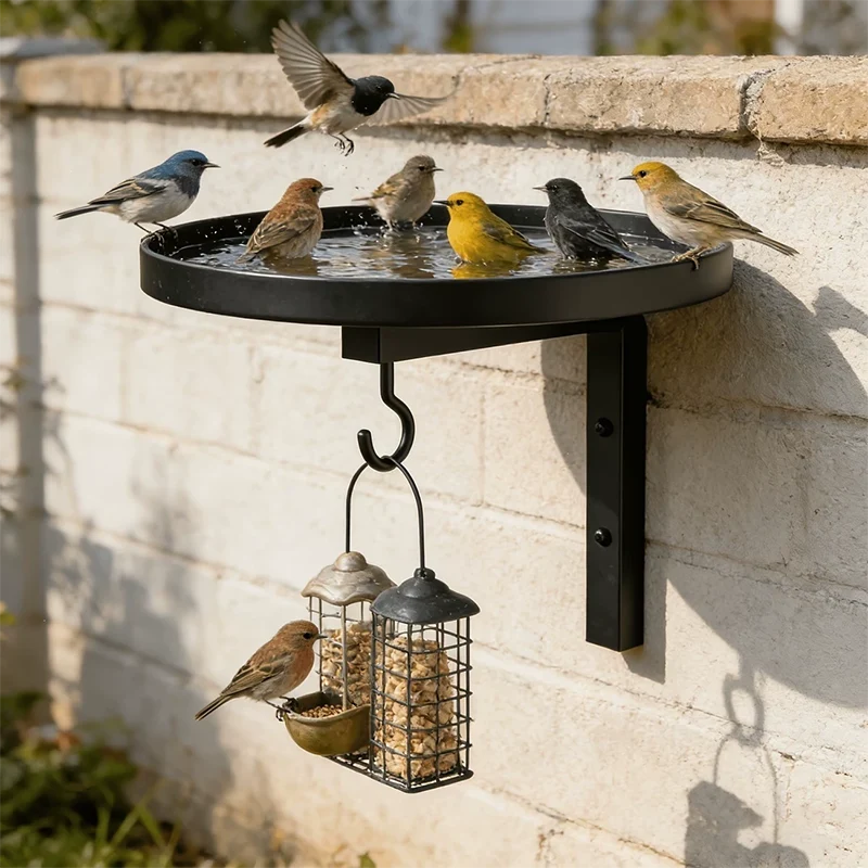 Wall-Mount Bird Bath Rustproof Metal Bowl & Hook