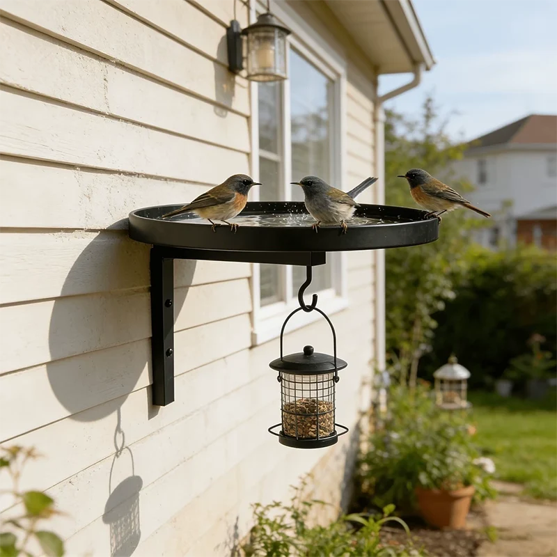 Wall-Mount Bird Bath Rustproof Metal Bowl & Hook
