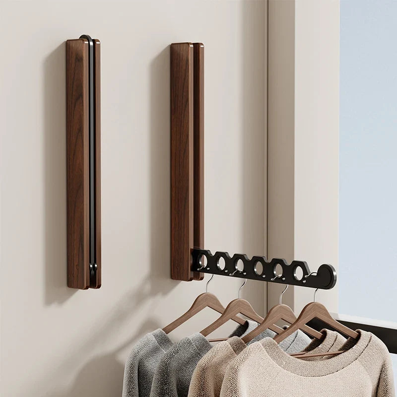 Wall-Mounted Coat Rack Foldable Wood Frame Extendable Metal Rod