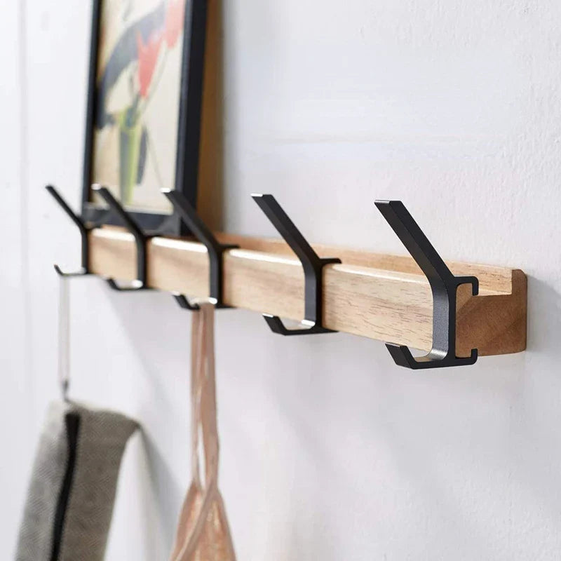 Wall-Mounted Coat Rack Movable Double Hooks Rubberwood & Aluminum