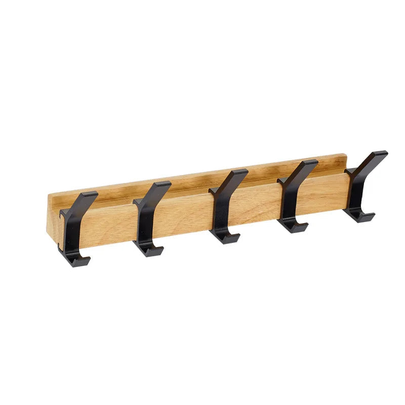 Wall-Mounted Coat Rack Movable Double Hooks Rubberwood & Aluminum