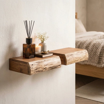 Wall-Mounted Nightstand Acacia Wood Set of 2