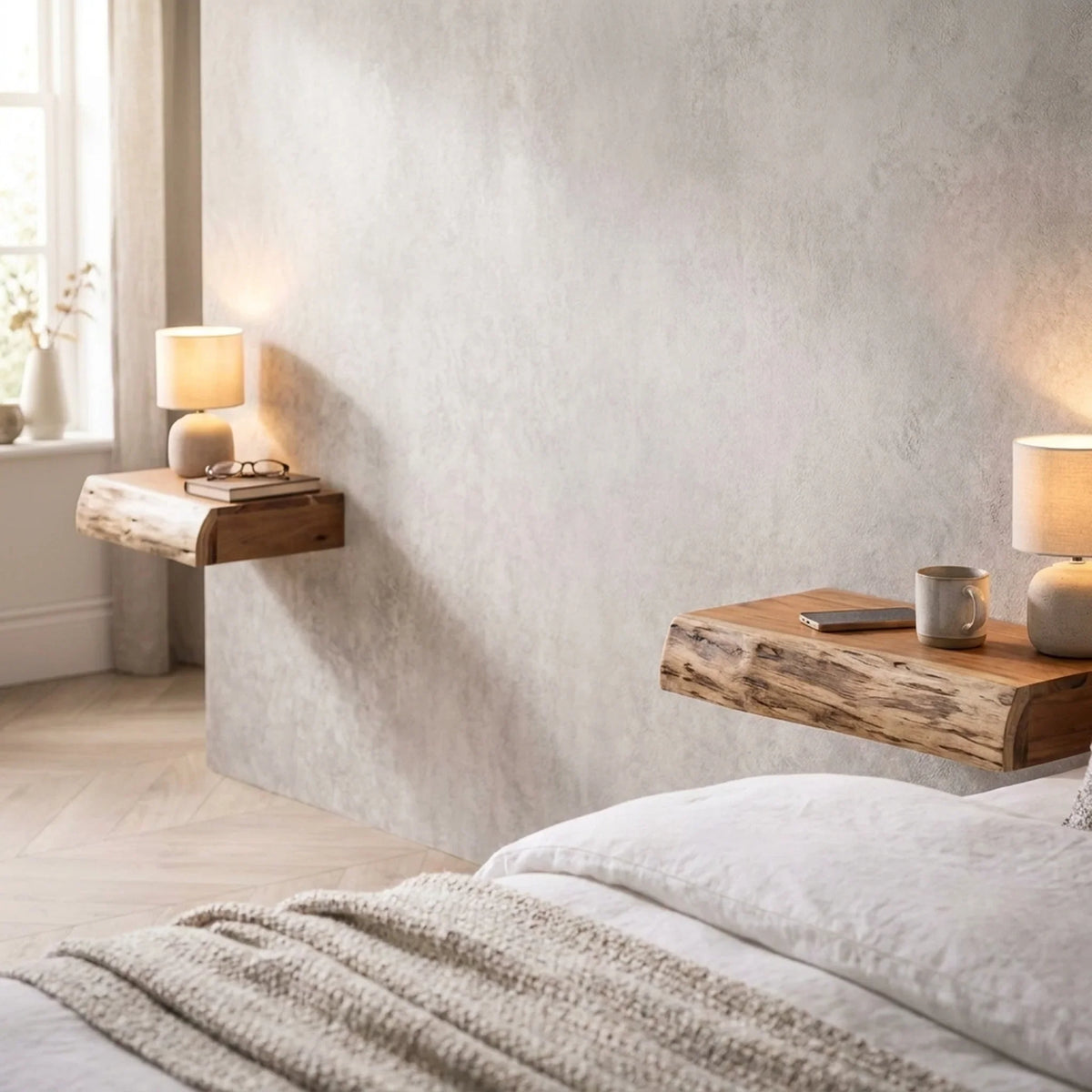 Wall-Mounted Nightstand Acacia Wood Set of 2