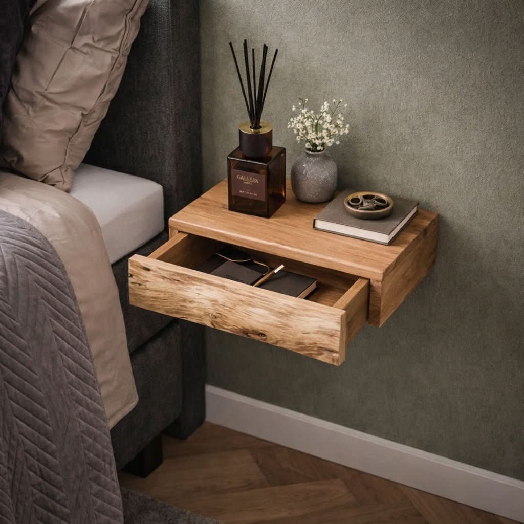 Wall-Mounted Nightstand Acacia Wood Set of 2