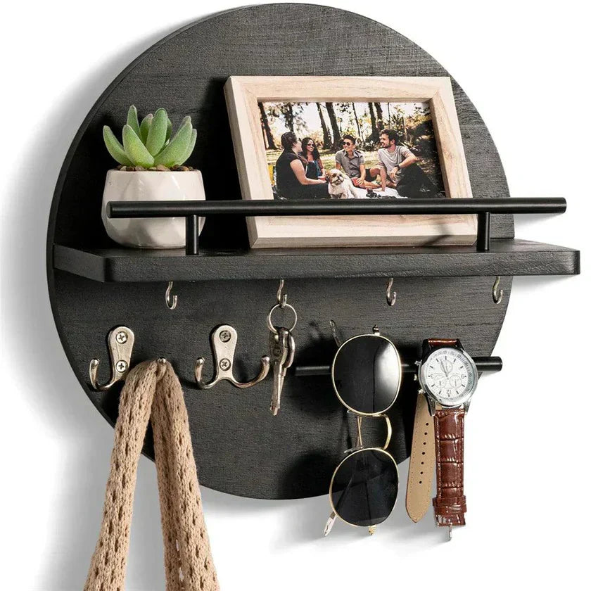 Wall Organizer Round Wood Two Shelves & Key Hooks