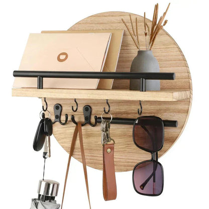 Wall Organizer Round Wood Two Shelves & Key Hooks