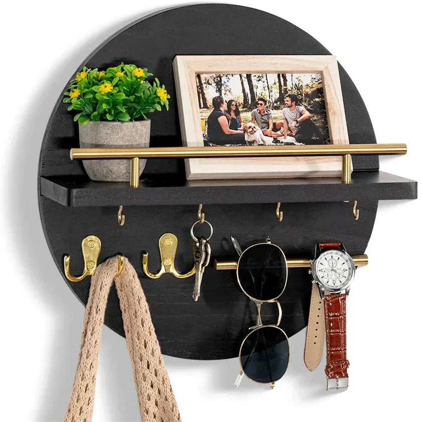Wall Organizer Round Wood Two Shelves & Key Hooks