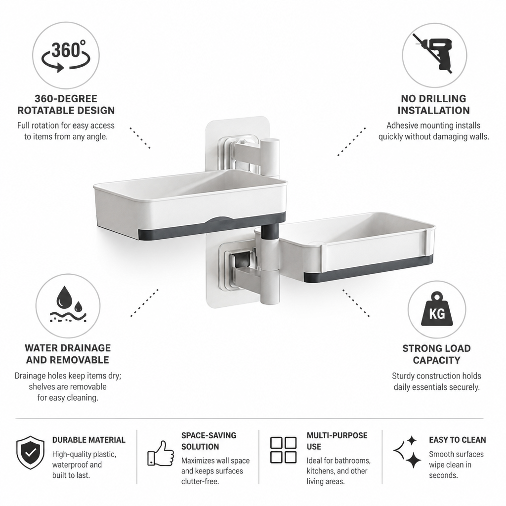 Wall Shelf 360 Degree Rotating No-Drill Adhesive Mount