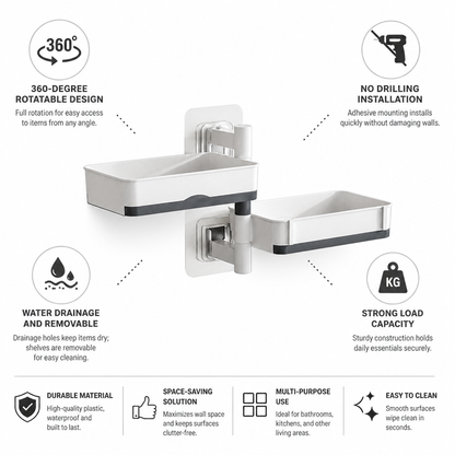 Wall Shelf 360 Degree Rotating No-Drill Adhesive Mount