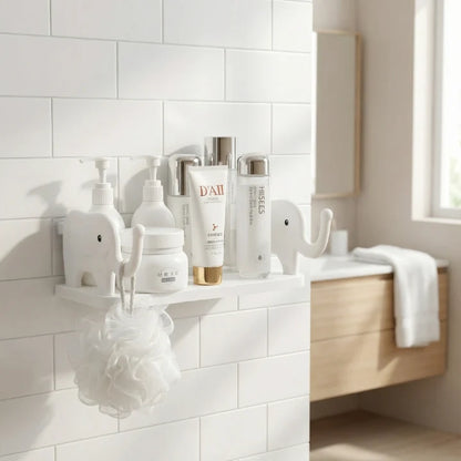Wall Shelf Elephant Design Raised-Trunk Hooks & Self-Adhesive