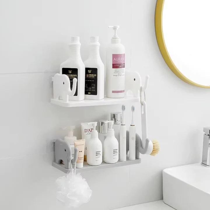 Wall Shelf Elephant Design Raised-Trunk Hooks & Self-Adhesive