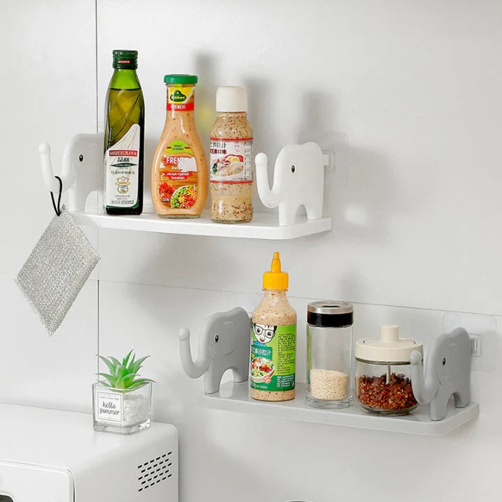 Wall Shelf Elephant Design Raised-Trunk Hooks & Self-Adhesive
