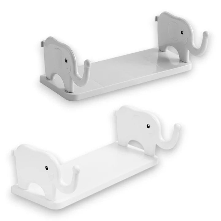 Wall Shelf Elephant Design Raised-Trunk Hooks & Self-Adhesive