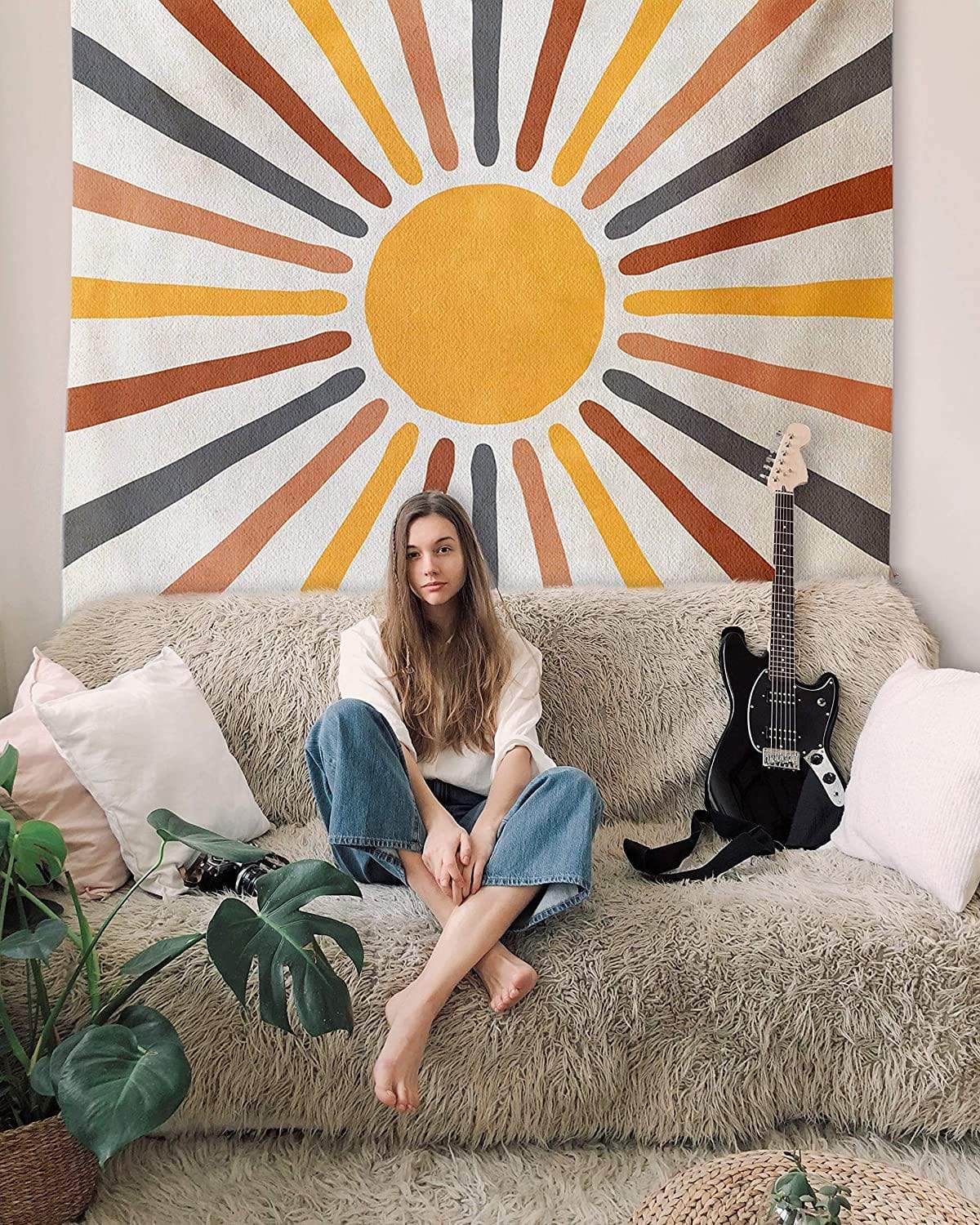 Wall Tapestry Boho Sun Design Polyester-Cotton Easy to Hang