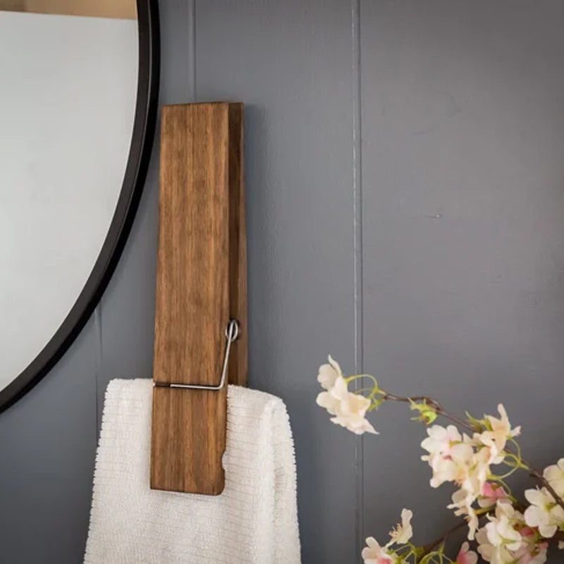 Wall Towel Holder Solid Wood Self Adhesive Spring Clip