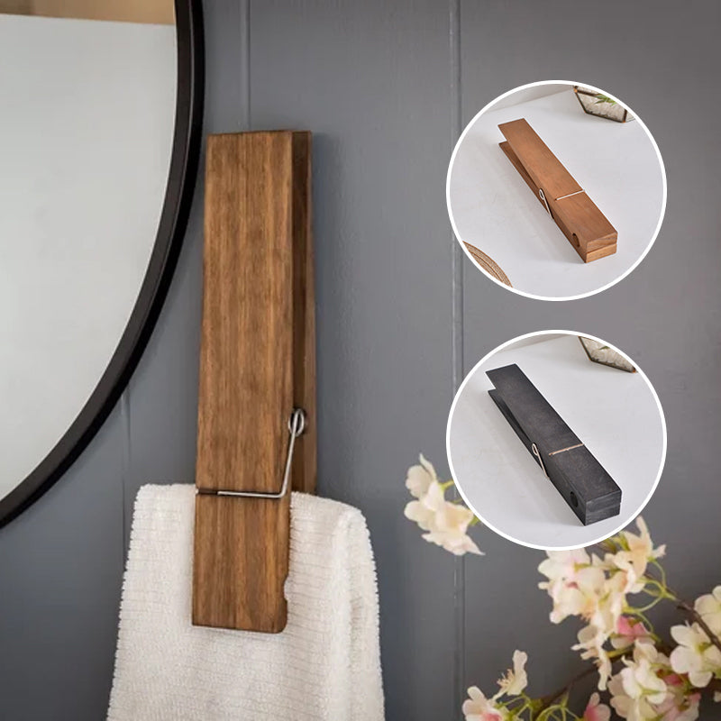 Wall Towel Holder Solid Wood Self Adhesive Spring Clip