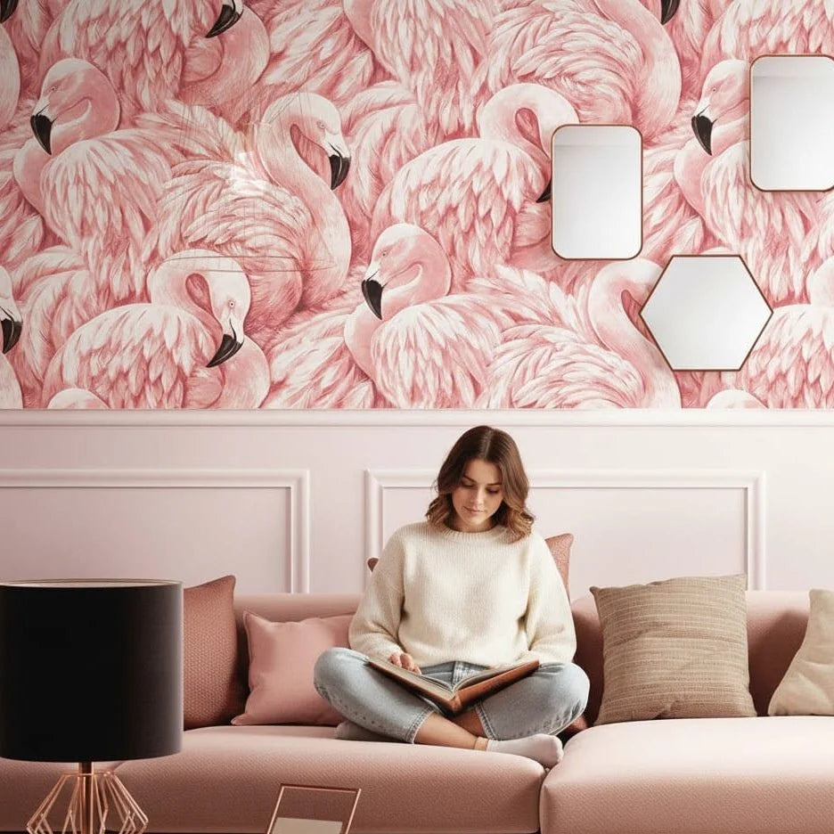 Wallpaper Pink Flamingo Design Wipeable Vinyl