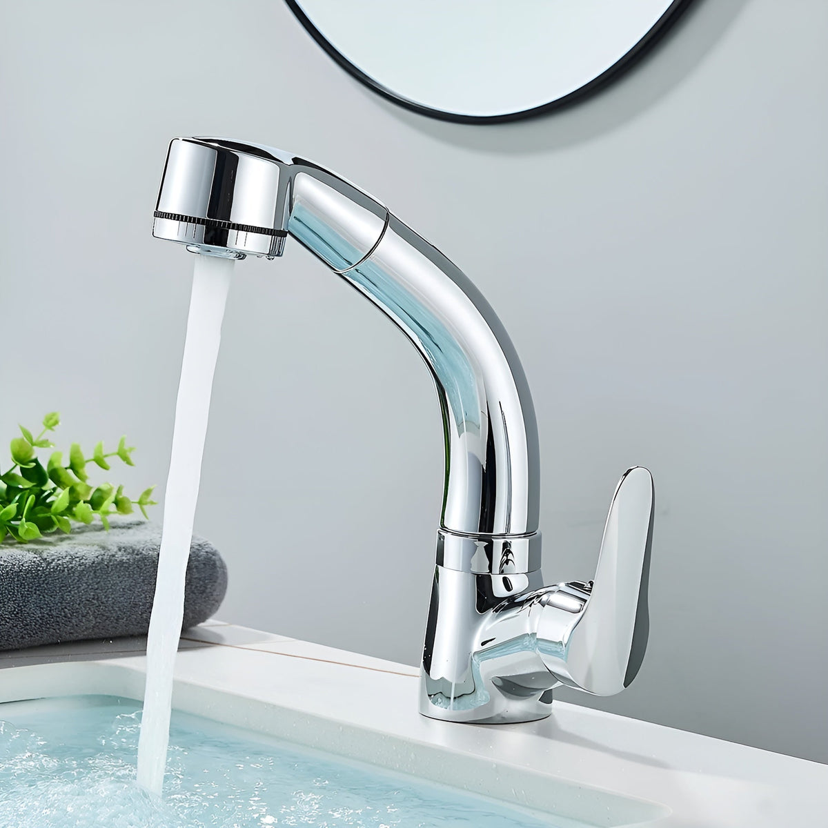 Washbasin Faucet Solid Brass Pull-Out Spout & Single-Lever