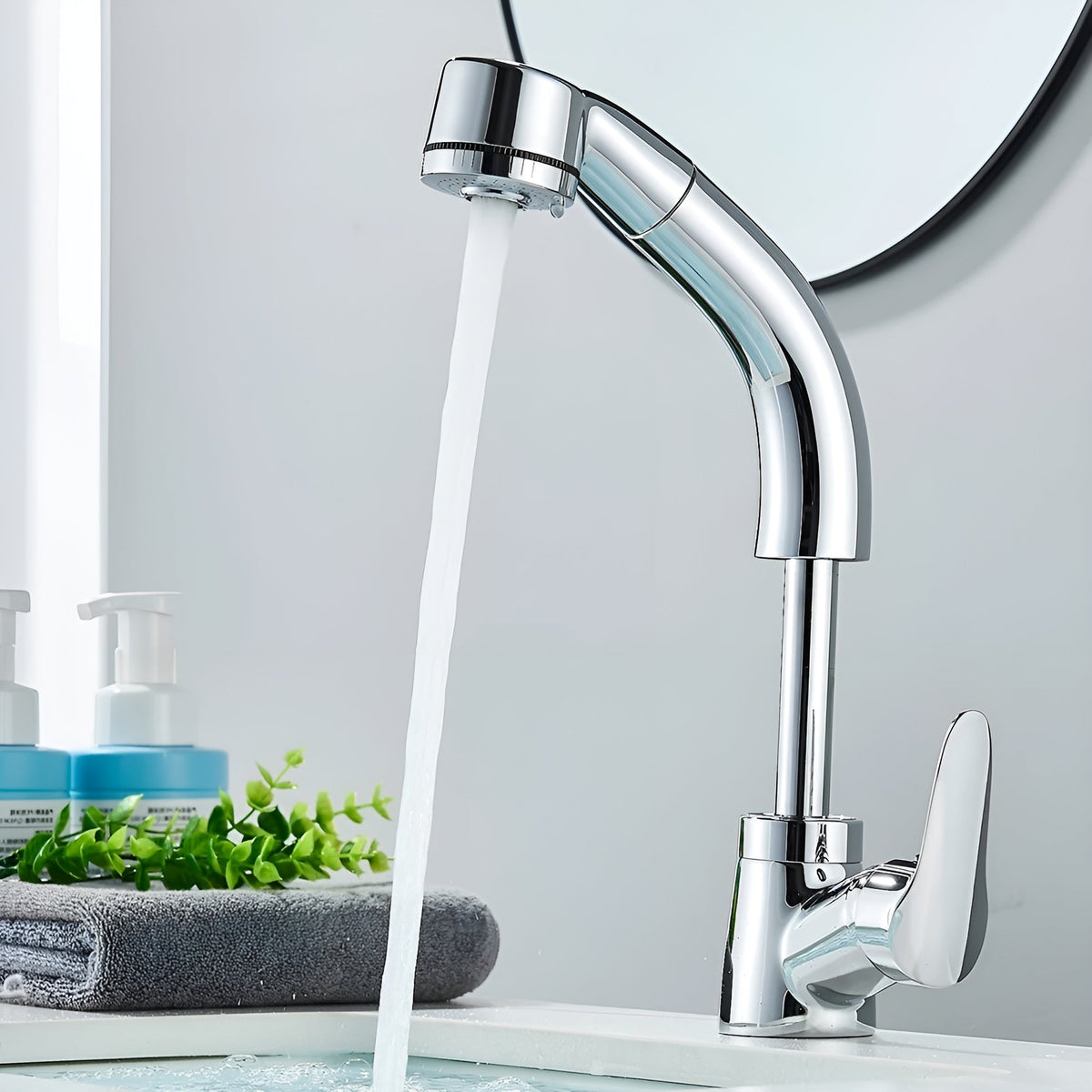 Washbasin Faucet Solid Brass Pull-Out Spout & Single-Lever