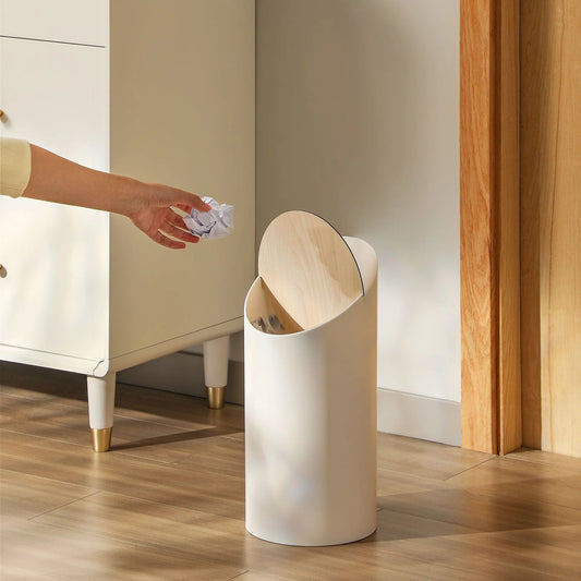 Waste Bin Slim Oval Soft-Close Rotating Wooden-Look Lid