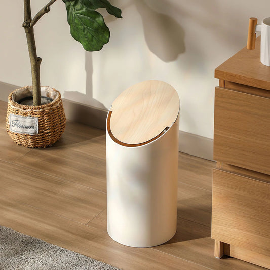 Waste Bin Slim Oval Soft-Close Rotating Wooden-Look Lid