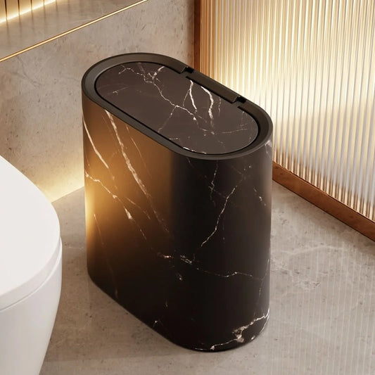 Wastebasket Oval Marble-Look Compact With Lid