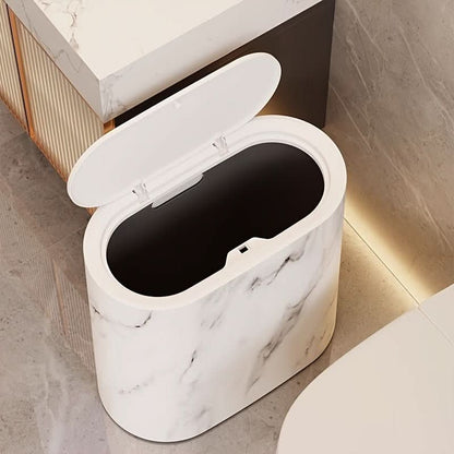 Wastebasket Oval Marble-Look Compact With Lid