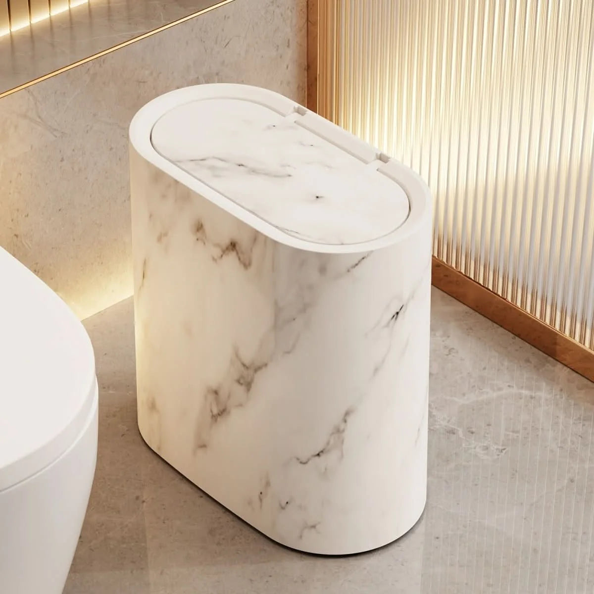 Wastebasket Oval Marble-Look Compact With Lid