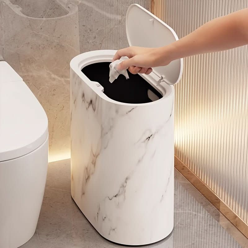 Wastebasket Oval Marble-Look Compact With Lid
